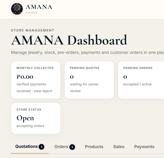 AMANA Jewelry owner dashboard screenshot displayed inside the device screen
