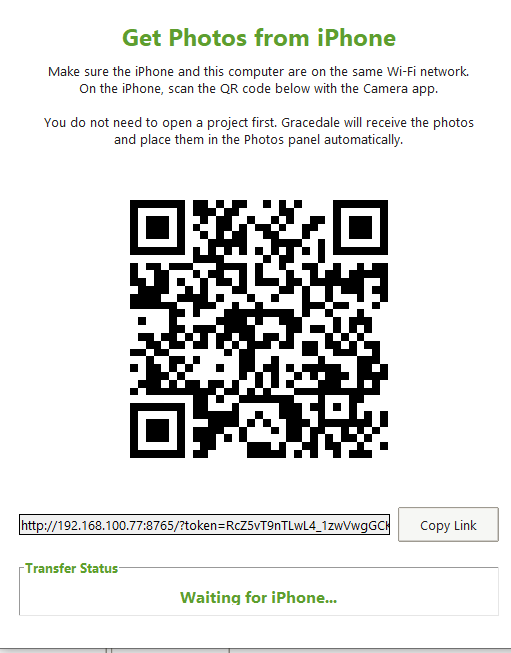 Phone-to-PC photo transfer screenshot including QR code