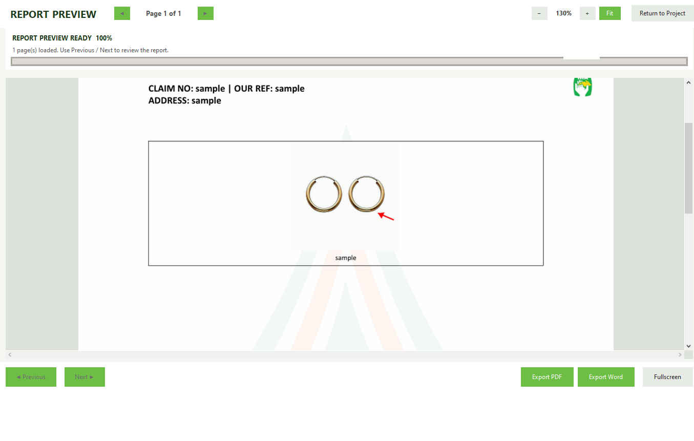 Preview of a generated photo documentation report