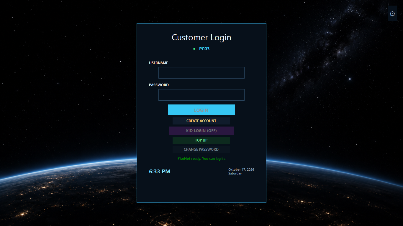 PisoNet customer login screenshot displayed in an angled website mockup