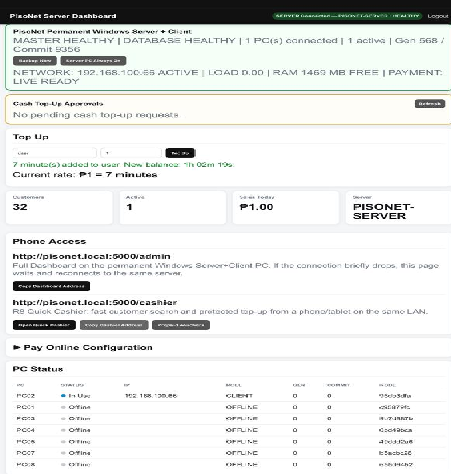PisoNet Server Dashboard screenshot filling the phone display