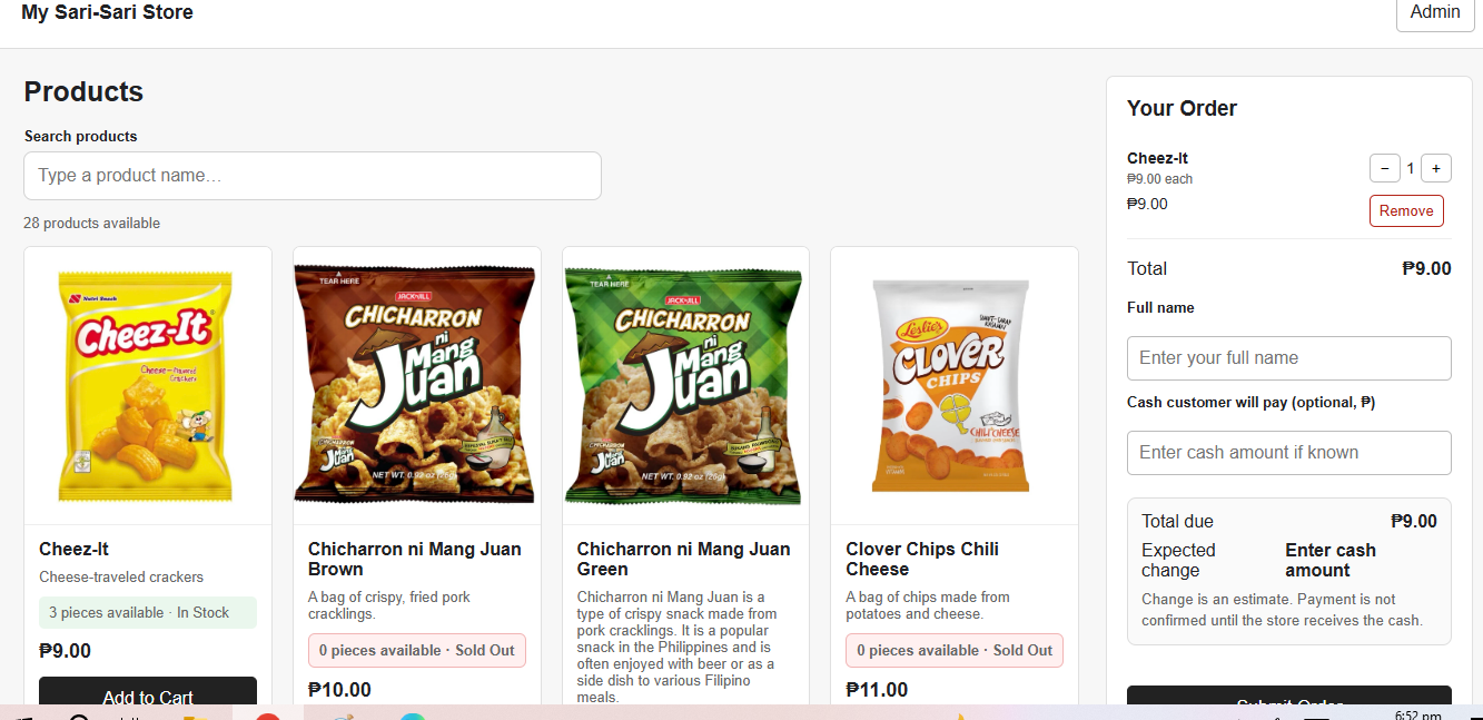 Actual My Sari-Sari Store main website storefront screenshot, shown without cropping